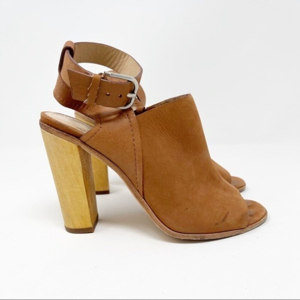 Pour La Victoire Suede Tan Brown 4" Wood Block Heel Peep Toe Mule‎ Ankle Strap 6